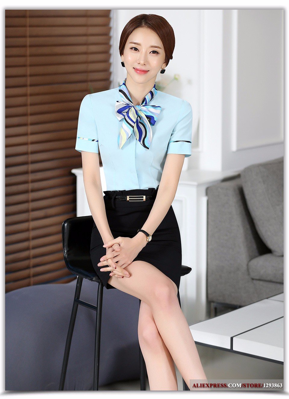 Chinese Spring Fashion Female Office Short Sleeve Ruffle Bowtie Blouse