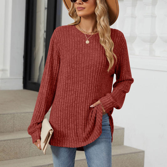 Round Neck Brushed Long Sleeve T-shirt Top For Women