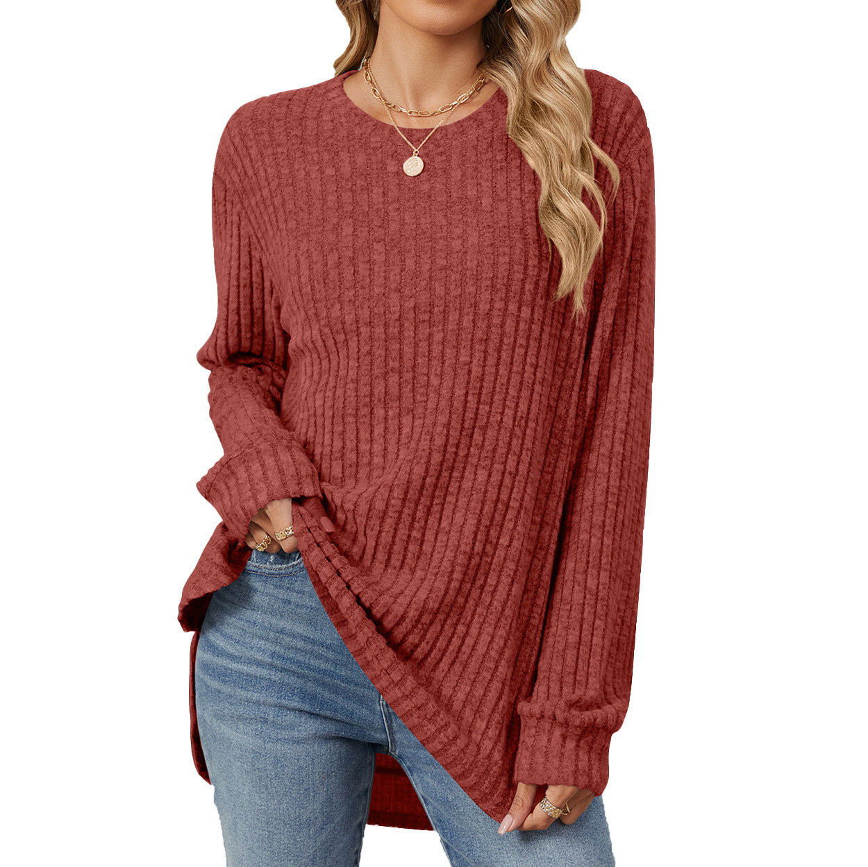 Round Neck Brushed Long Sleeve T-shirt Top For Women