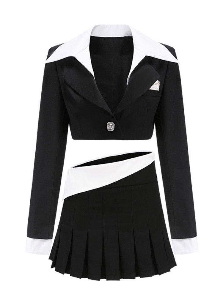 Women's Notched Collar Crop Jacket Pleated Silhouette Skirt Two Piece Set