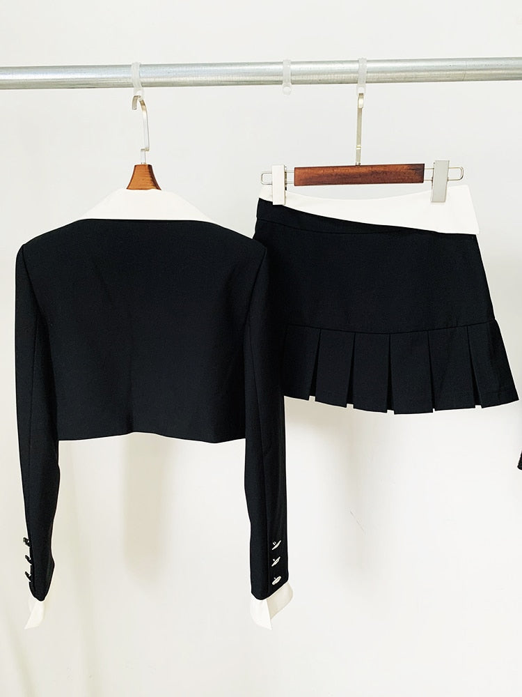 Women's Notched Collar Crop Jacket Pleated Silhouette Skirt Two Piece Set