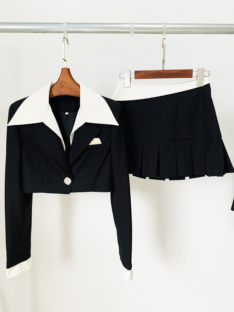 Women's Notched Collar Crop Jacket Pleated Silhouette Skirt Two Piece Set
