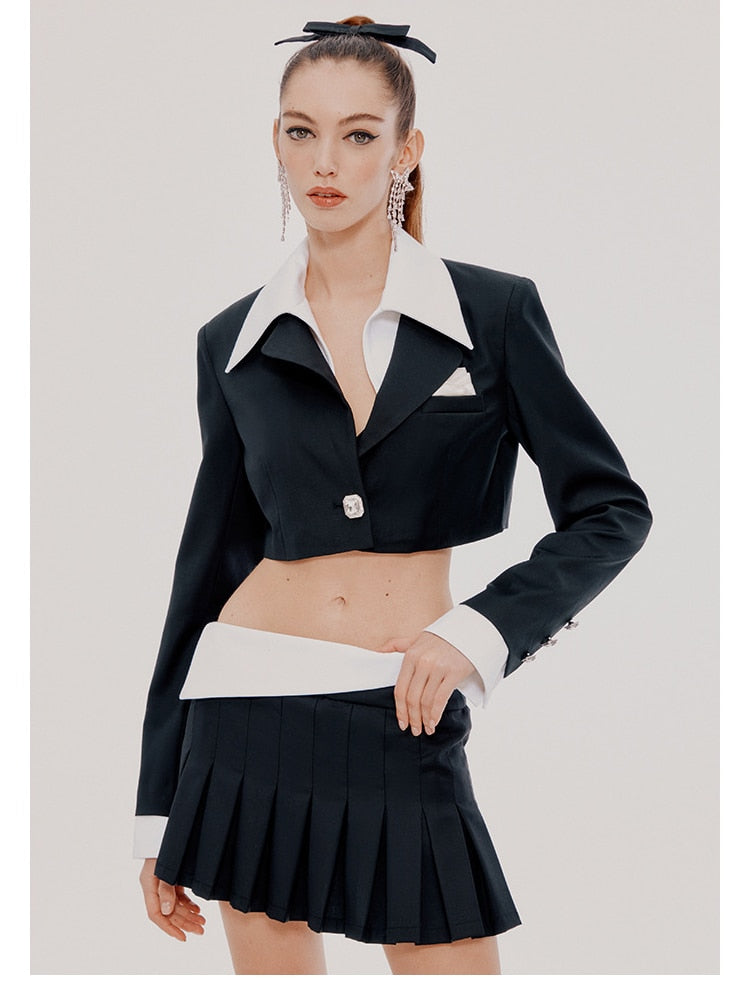 Women's Notched Collar Crop Jacket Pleated Silhouette Skirt Two Piece Set