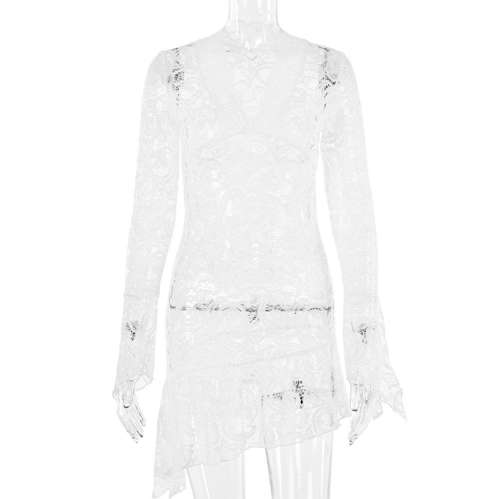 Pure Desire Style Top Sexy Slim Lace V-neck Flared Sleeve Dress