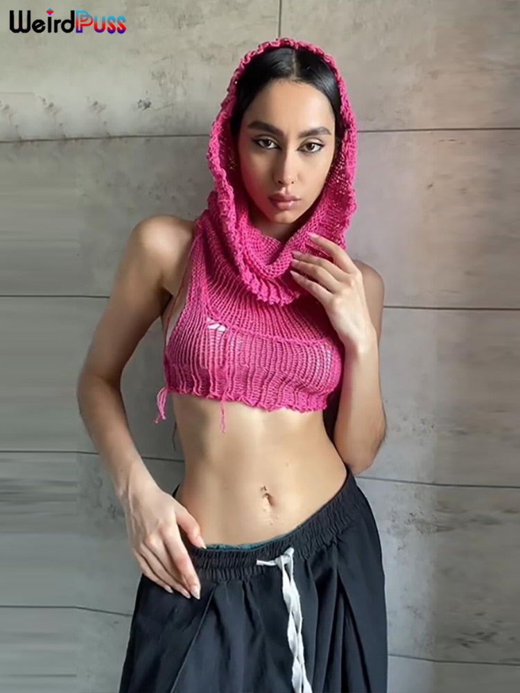 Women's Sexy Navel Hollow Out Stretch Skinny Hooded Sleeveless Tank Top