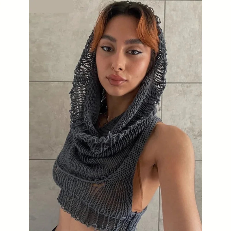 Women's Sexy Navel Hollow Out Stretch Skinny Hooded Sleeveless Tank Top