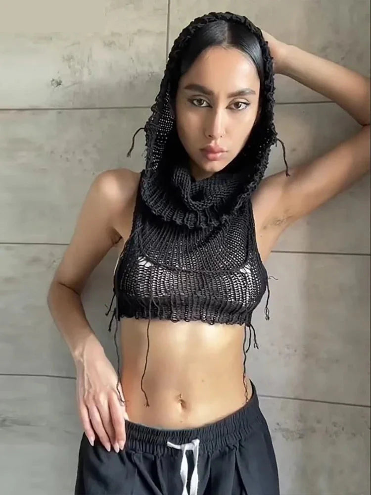 Women's Sexy Navel Hollow Out Stretch Skinny Hooded Sleeveless Tank Top