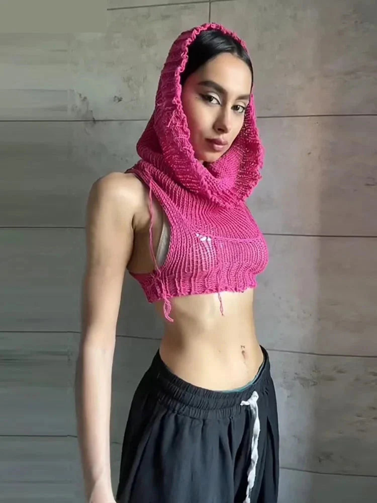 Women's Sexy Navel Hollow Out Stretch Skinny Hooded Sleeveless Tank Top