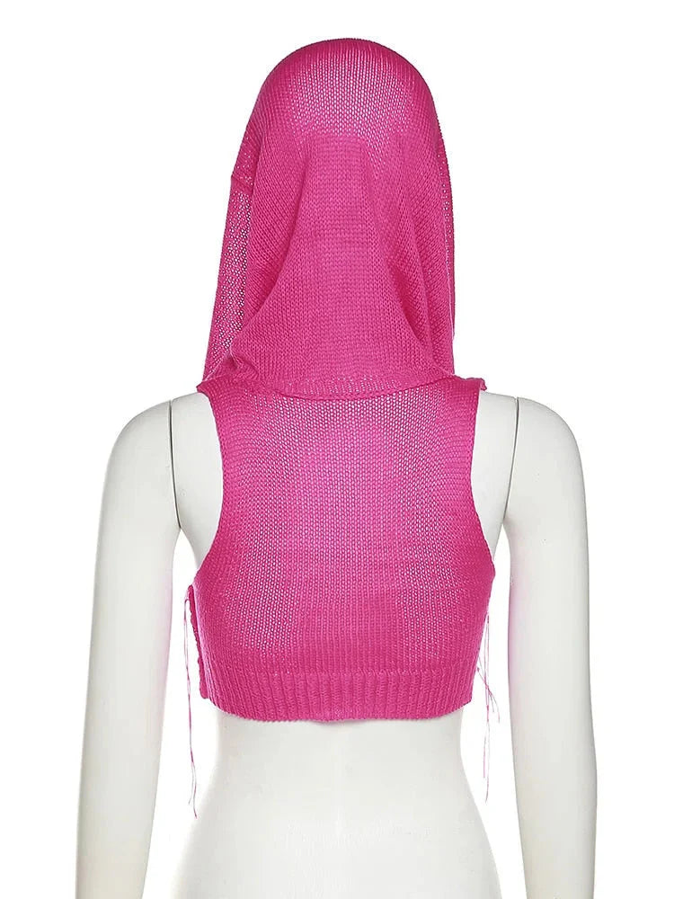 Women's Sexy Navel Hollow Out Stretch Skinny Hooded Sleeveless Tank Top