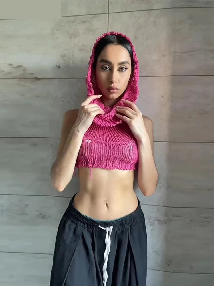 Women's Sexy Navel Hollow Out Stretch Skinny Hooded Sleeveless Tank Top