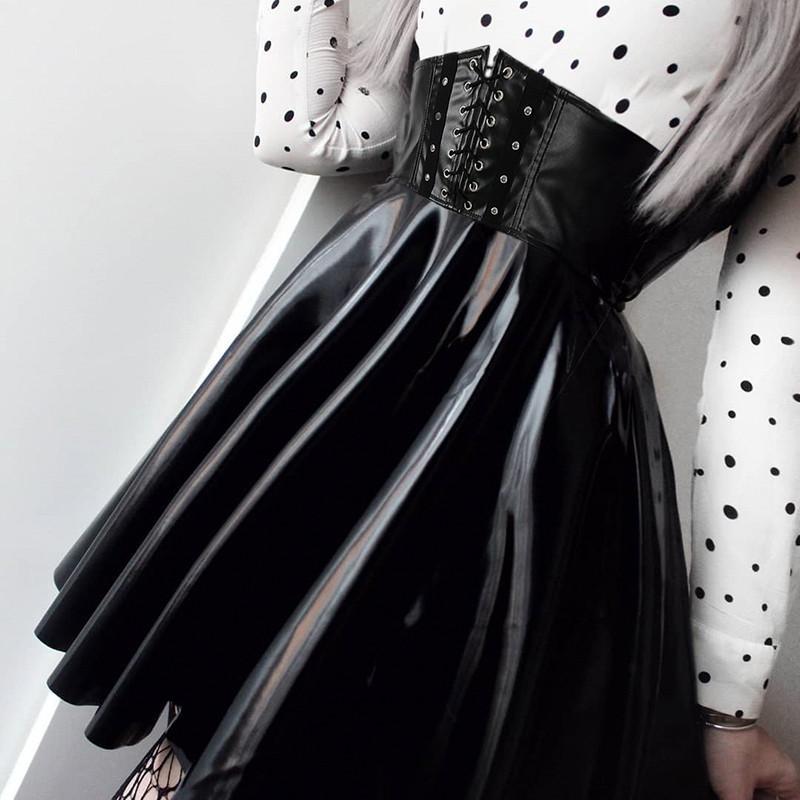 Korean Fashion Women's Synthetic Leather Bandage Design Mini Pleated Skirts