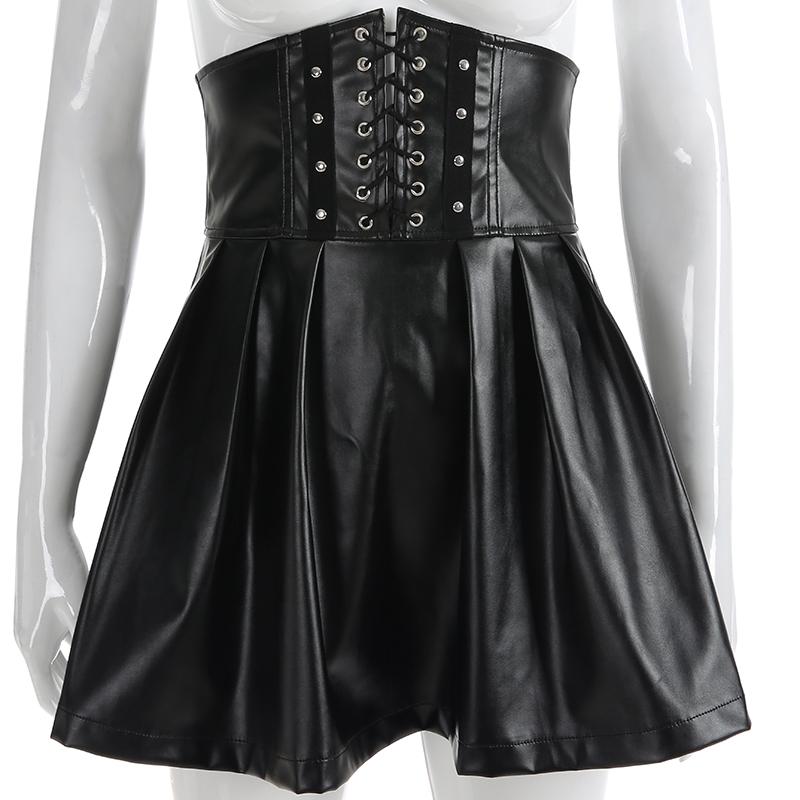 Korean Fashion Women's Synthetic Leather Bandage Design Mini Pleated Skirts