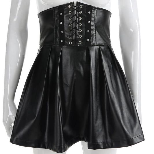 Korean Fashion Women's Synthetic Leather Bandage Design Mini Pleated Skirts
