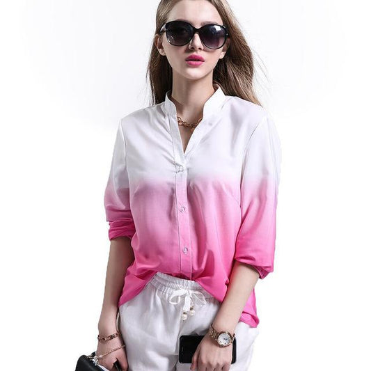 Long Sleeved V Neck Casual Fashion Women’s Gradient Color Blouse Tops