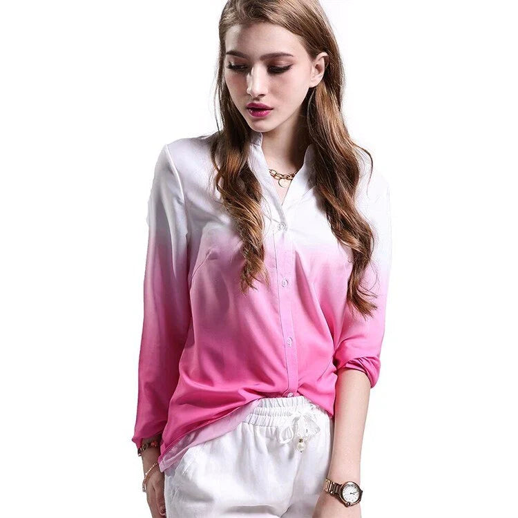 Long Sleeved V Neck Casual Fashion Women’s Gradient Color Blouse Tops