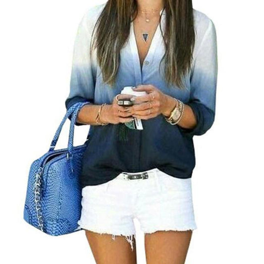 Long Sleeved V Neck Casual Fashion Women’s Gradient Color Blouse Tops