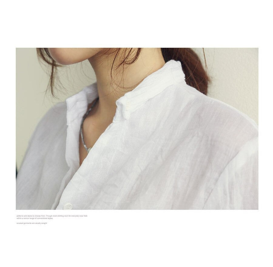 Long-Sleeved White Linen Korean Casual Female Blouse Tops for Autumn