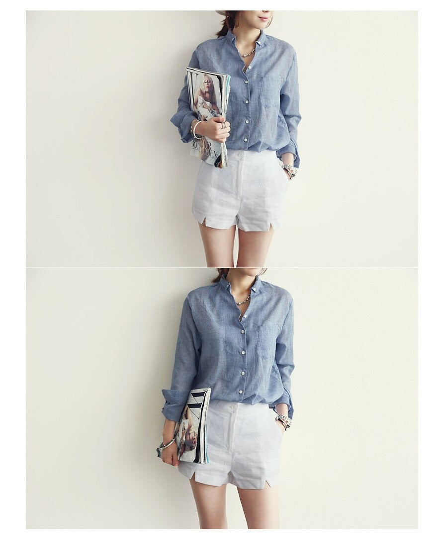 Long-Sleeved White Linen Korean Casual Female Blouse Tops for Autumn
