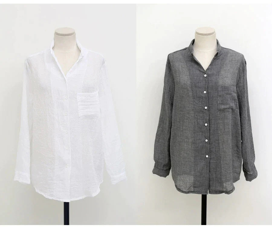 Long-Sleeved White Linen Korean Casual Female Blouse Tops for Autumn