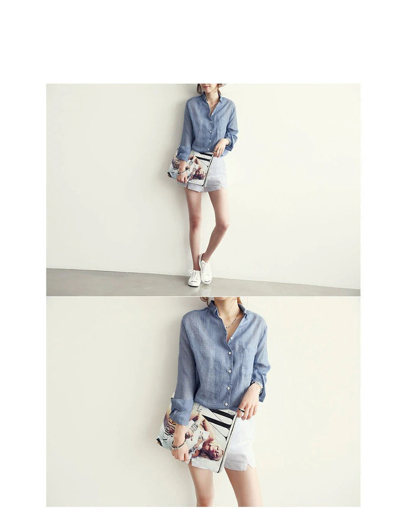 Long-Sleeved White Linen Korean Casual Female Blouse Tops for Autumn