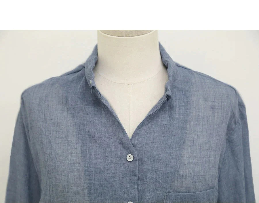Long-Sleeved White Linen Korean Casual Female Blouse Tops for Autumn