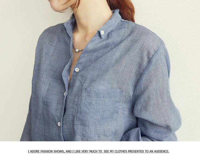 Long-Sleeved White Linen Korean Casual Female Blouse Tops for Autumn