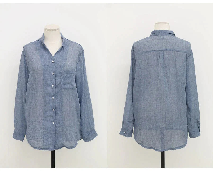 Long-Sleeved White Linen Korean Casual Female Blouse Tops for Autumn