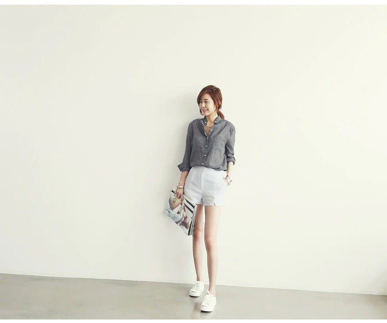 Long-Sleeved White Linen Korean Casual Female Blouse Tops for Autumn