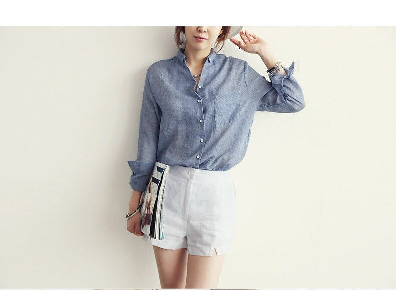 Long-Sleeved White Linen Korean Casual Female Blouse Tops for Autumn