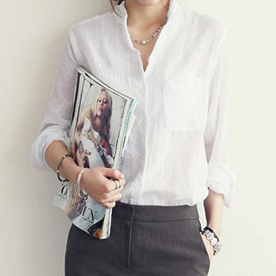 Long-Sleeved White Linen Korean Casual Female Blouse Tops for Autumn