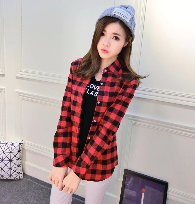 Long Sleeved XL Turn Down Collar Women’s Plaid Pattern Shirt for Autumn on Clearance