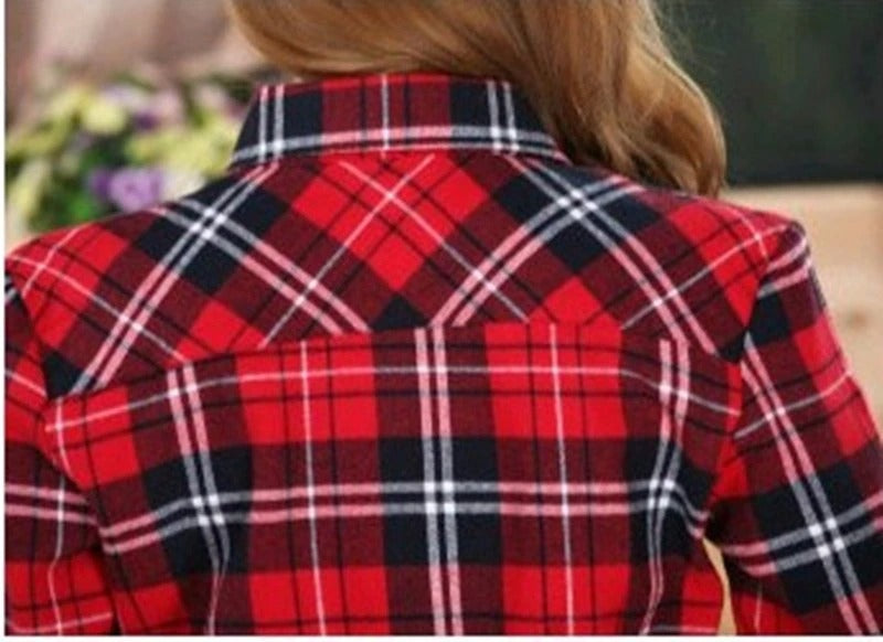 Long Sleeved XL Turn Down Collar Women’s Plaid Pattern Shirt for Autumn on Clearance