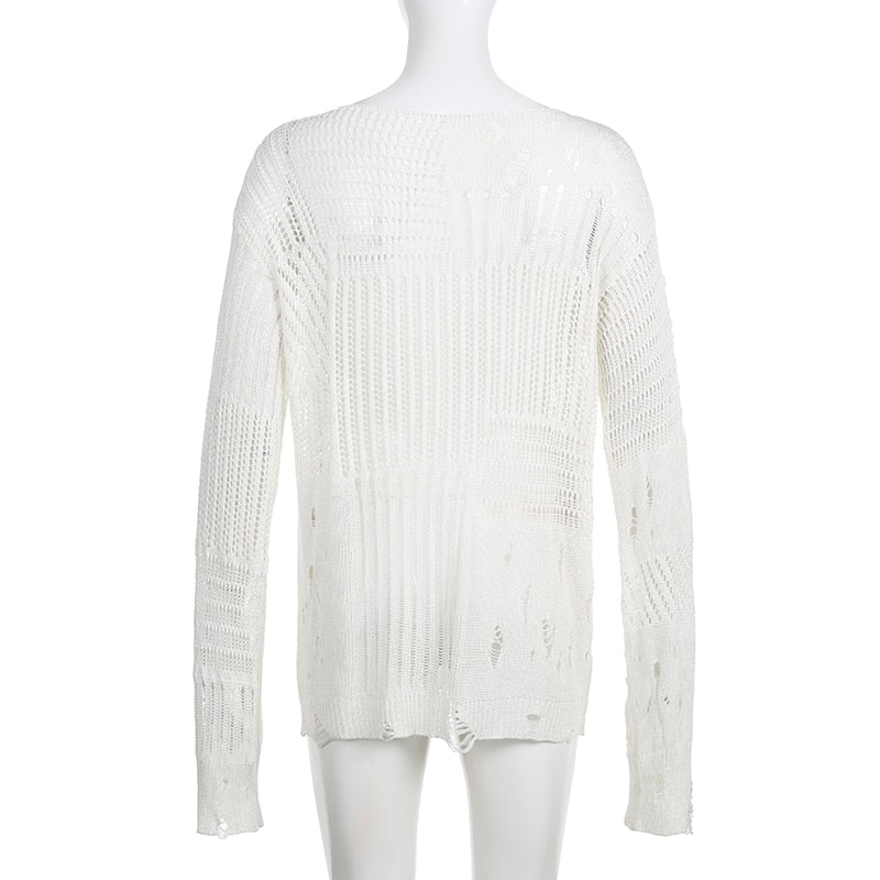 Women's Basic Solid Hollow Out O Neck Long Sleeve Knitted Loose Shirt