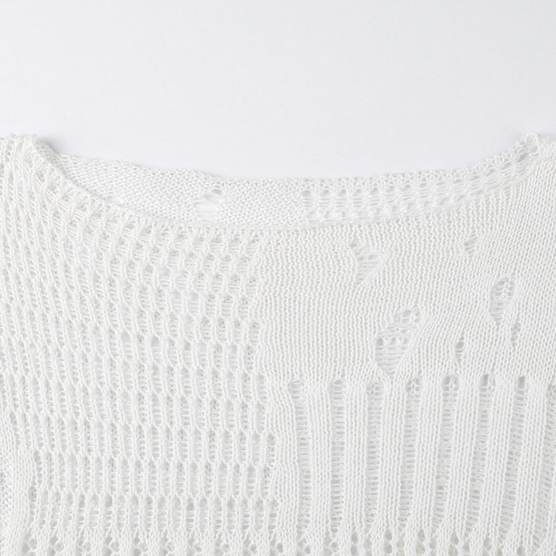 Women's Basic Solid Hollow Out O Neck Long Sleeve Knitted Loose Shirt