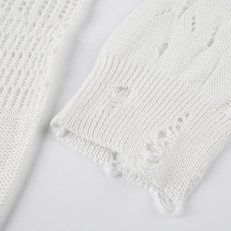 Women's Basic Solid Hollow Out O Neck Long Sleeve Knitted Loose Shirt