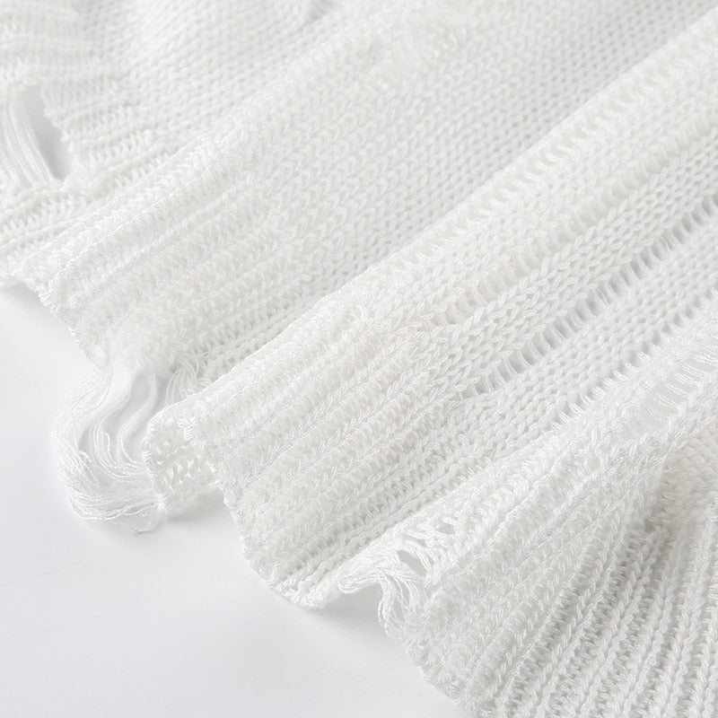 Women's Basic Solid Hollow Out O Neck Long Sleeve Knitted Loose Shirt