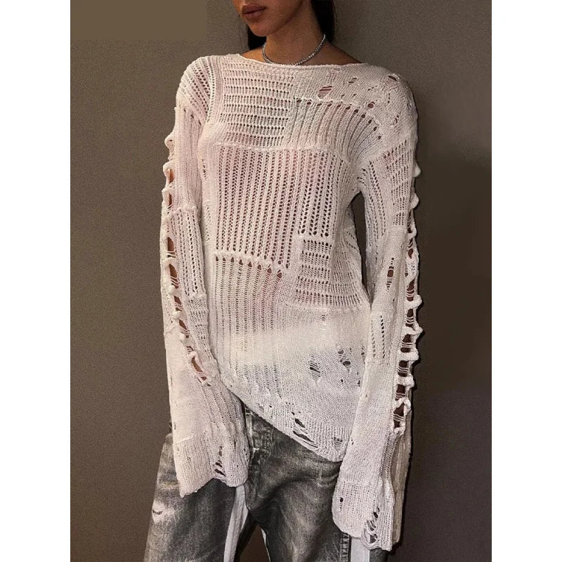 Women's Basic Solid Hollow Out O Neck Long Sleeve Knitted Loose Shirt