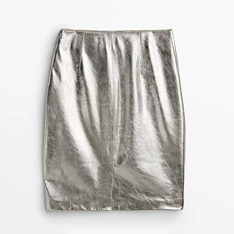 Women's Luxury Silver Genuine Sheepskin Leather Slim Fit Mini Skirt