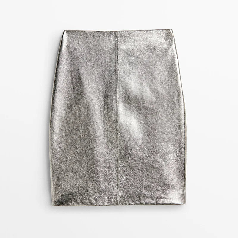 Women's Luxury Silver Genuine Sheepskin Leather Slim Fit Mini Skirt