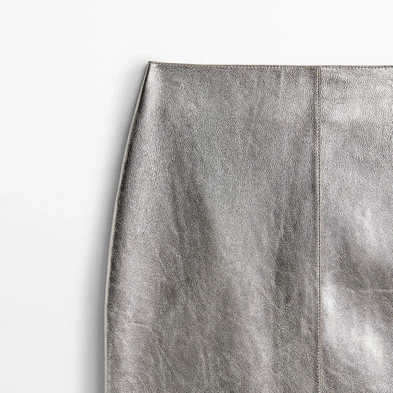 Women's Luxury Silver Genuine Sheepskin Leather Slim Fit Mini Skirt