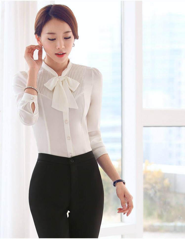 Office Ladies Autumn Women's White Long-Sleeve Slim Bow Tie Shirt Blouse