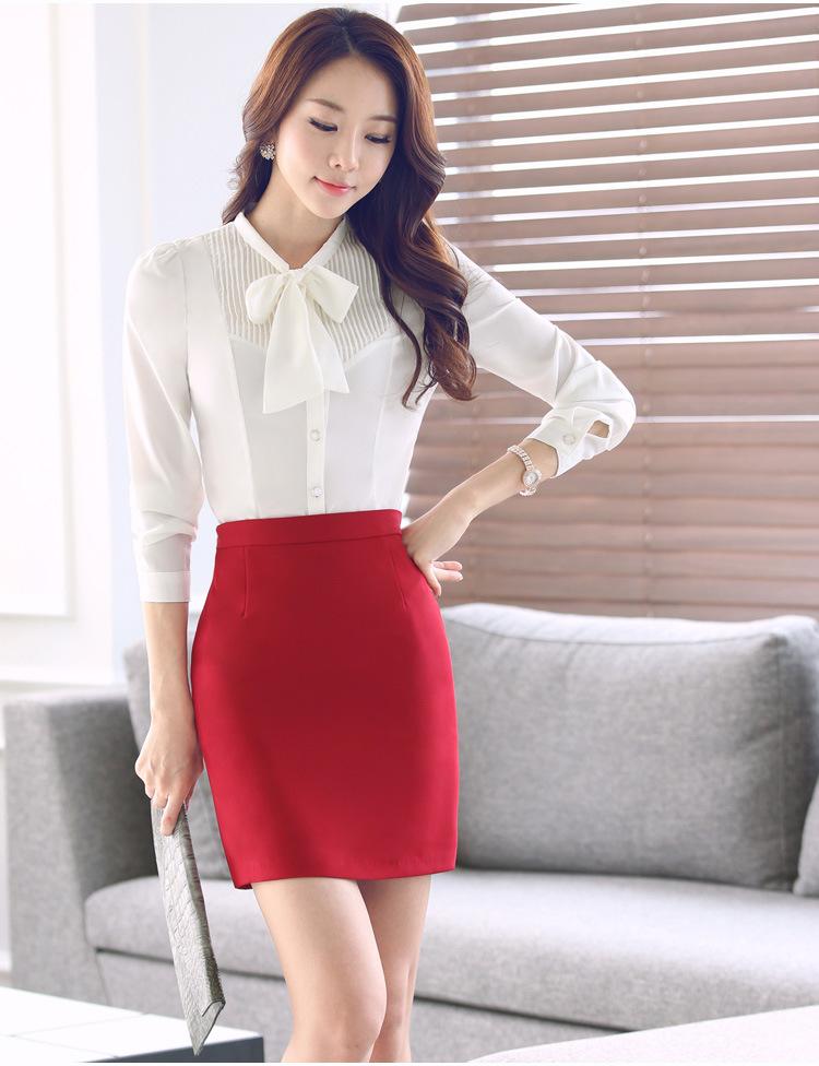 Office Ladies Autumn Women's White Long-Sleeve Slim Bow Tie Shirt Blouse