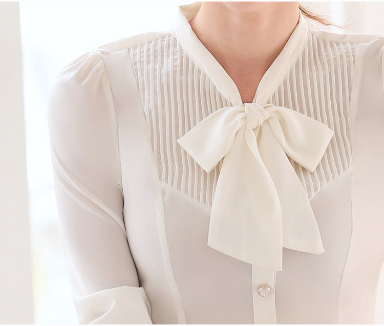 Office Ladies Autumn Women's White Long-Sleeve Slim Bow Tie Shirt Blouse