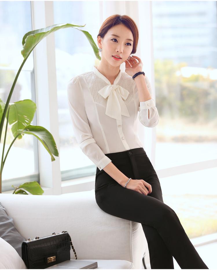 Office Ladies Autumn Women's White Long-Sleeve Slim Bow Tie Shirt Blouse