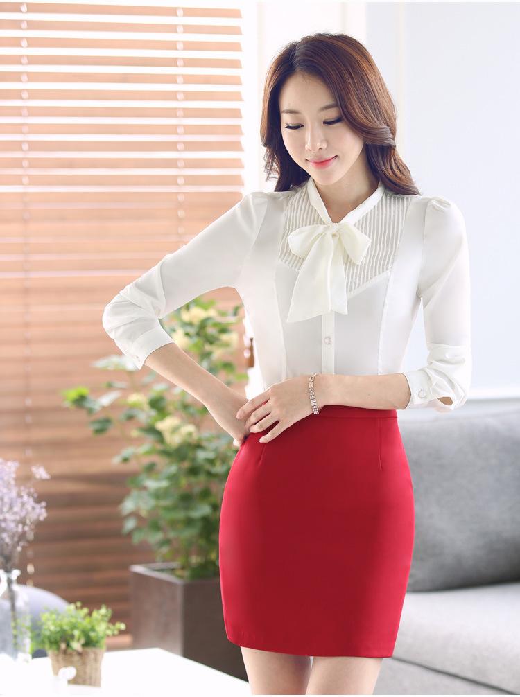 Office Ladies Autumn Women's White Long-Sleeve Slim Bow Tie Shirt Blouse