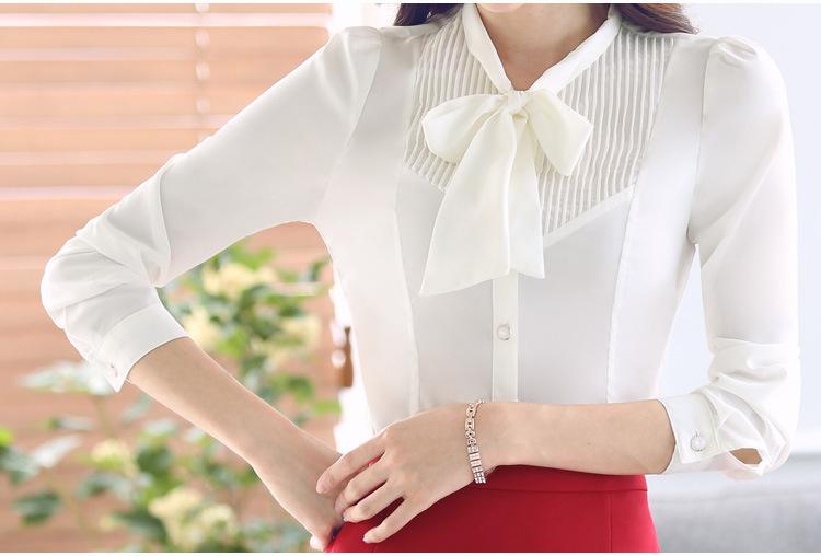 Office Ladies Autumn Women's White Long-Sleeve Slim Bow Tie Shirt Blouse