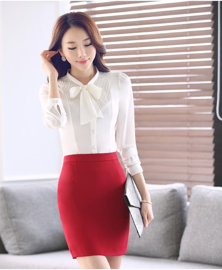 Office Ladies Autumn Women's White Long-Sleeve Slim Bow Tie Shirt Blouse