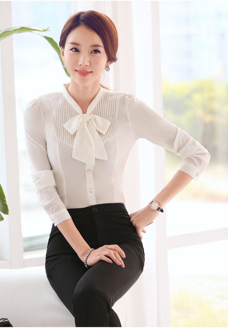 Office Ladies Autumn Women's White Long-Sleeve Slim Bow Tie Shirt Blouse