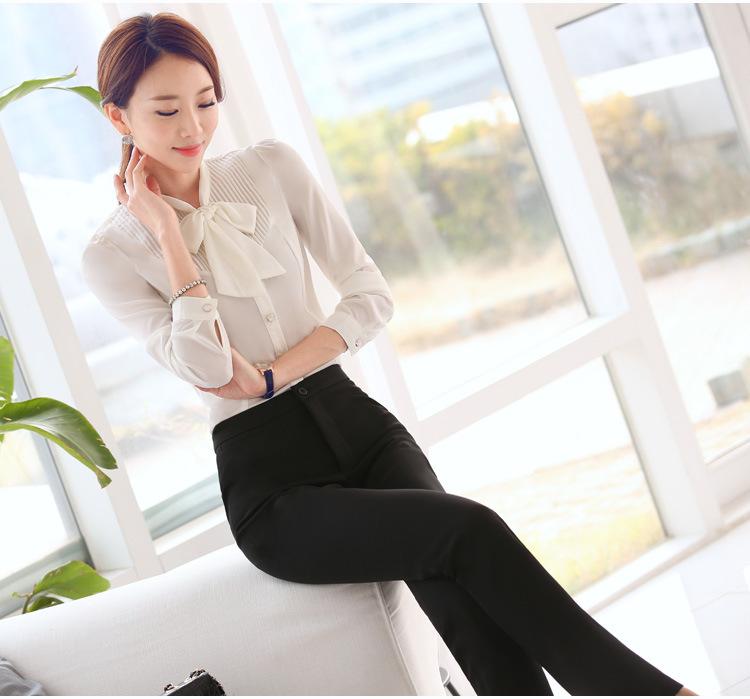 Office Ladies Autumn Women's White Long-Sleeve Slim Bow Tie Shirt Blouse