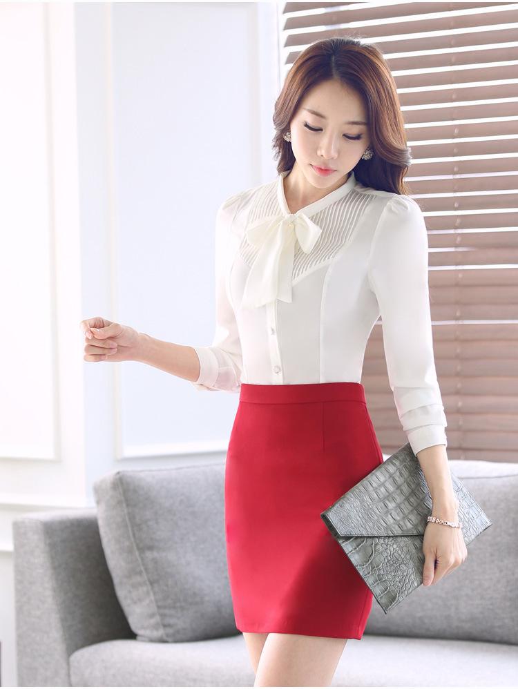 Office Ladies Autumn Women's White Long-Sleeve Slim Bow Tie Shirt Blouse